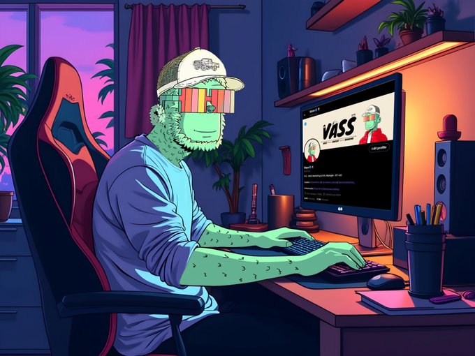 A green-skinned cartoon character wearing a trucker hat and colorful VR-style sunglasses sits at a gaming setup typing on a keyboard and mouse, with the screen displaying "VASS" and what appears to be a profile or channel page. The cozy, neon-lit room full of plants and gaming gear matches the "no touchin grass" vibe of staying indoors and skipping outside activities on a gloomy weather day.