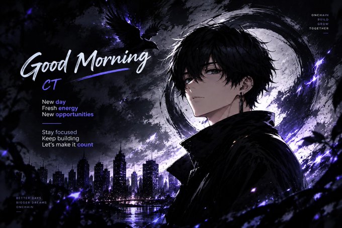 An anime-style 'Good Morning' graphic featuring a dark-haired male character with a crow, displaying motivational text including 'New day', 'Fresh energy', 'New opportunities', 'Stay focused', 'Keep building', and 'Let's make it count'.