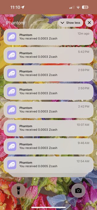 A screenshot of an iPhone notification center showing nine recent notifications from "Phantom" about receiving small amounts of Zcash (0.0003 Zcash each, with one exception of 0.0005 Zcash), humorously supporting the poster's comment about unexpectedly accumulating Zcash tokens.