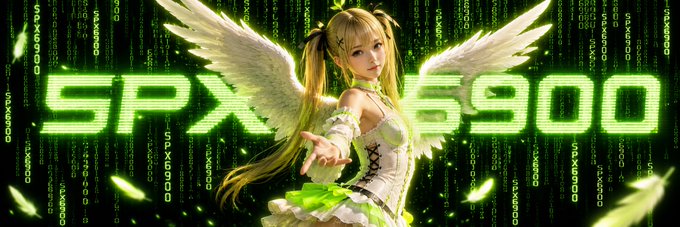 A promotional banner featuring an anime-style angel character with wings, wearing a white and green dress, against a Matrix-style green code background with the text "SPX 6900".
