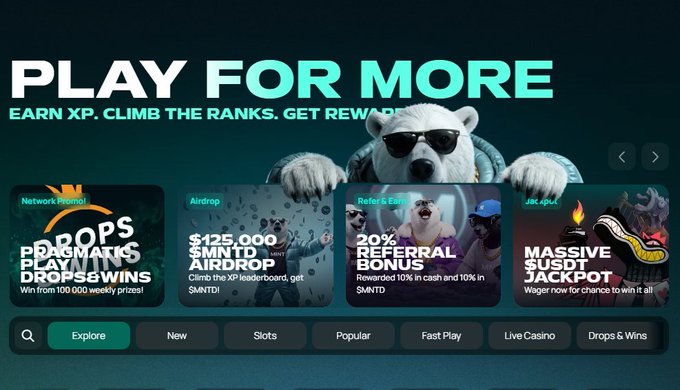 A promotional webpage banner reading 'PLAY FOR MORE' featuring a polar bear in sunglasses and offering promotions like a $125,000 MNTD airdrop, a 20% referral bonus, and a massive jackpot.