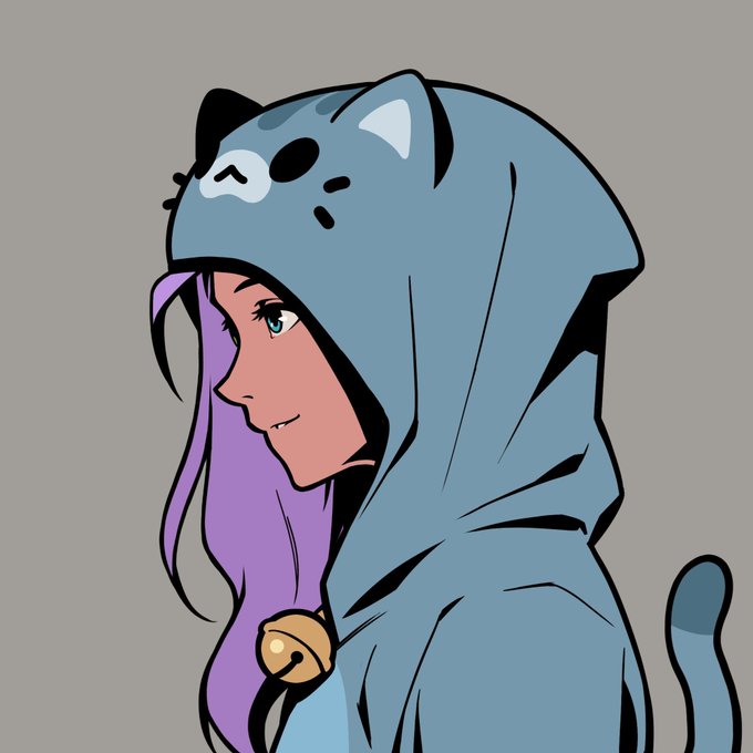 A digital anime-style illustration shows a character with purple hair wearing a blue cat-eared hoodie, with a small bell around the neck.