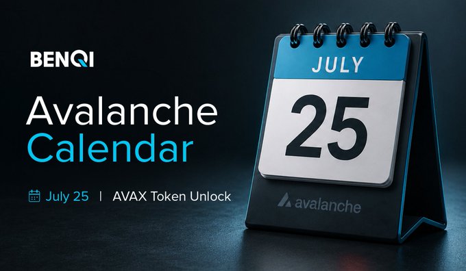 A promotional graphic from 'BENQI' titled 'Avalanche Calendar' showing a desk calendar marked 'JULY 25' with the note 'July 25 | AVAX Token Unlock' and the Avalanche logo.