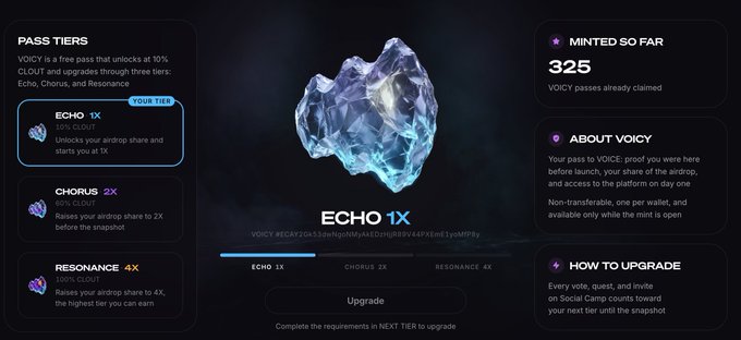 A website interface for 'VOICY' showing a 3D crystal labeled 'ECHO 1X', with stats indicating 325 minted and information about pass tiers and upgrades.