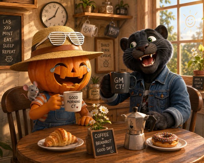 A whimsical illustration of a pumpkin character wearing a straw hat and shutter shades and a black panther in a denim jacket sharing coffee and pastries at a kitchen table, with mugs labeled "GOOD MORNING CT" and "GM CT!", and signs reading "LAB MINT EAT SLEEP REPEAT", "BUILD BURN EVOLVE", "COFFEE BRAINROT GOOD DAY", and "HAVE A DEGEN DAY!".