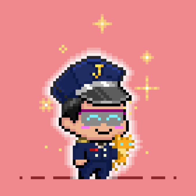 A pixel art chibi-style police officer wearing a cap with a 'T' emblem, futuristic visor, and uniform, set on a pink background with sparkle effects.