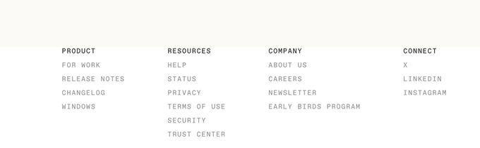 This image shows a website footer with four columns: "PRODUCT" (For Work, Release Notes, Changelog, Windows), "RESOURCES" (Help, Status, Privacy, Terms of Use, Security, Trust Center), "COMPANY" (About Us, Careers, Newsletter, Early Birds Program), and "CONNECT" (X, LinkedIn, Instagram). The post references Dia Browser's rebrand while pointing out inconsistent padding issues visible in the footer, where the "CONNECT" column appears noticeably less padded/aligned than the other three columns.