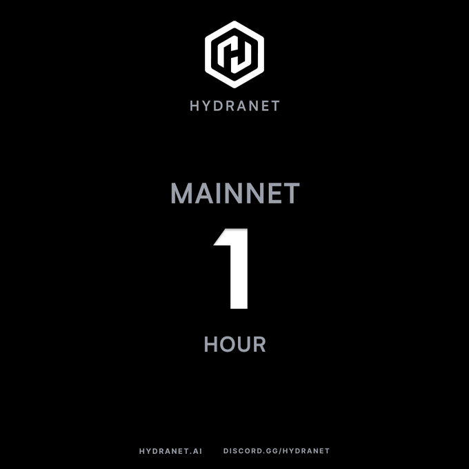 A black promotional graphic with a white hexagonal logo and text reading 'HYDRANET', 'MAINNET 1 HOUR', and 'HYDRANET.AI DISCORD.GG/HYDRANET'.