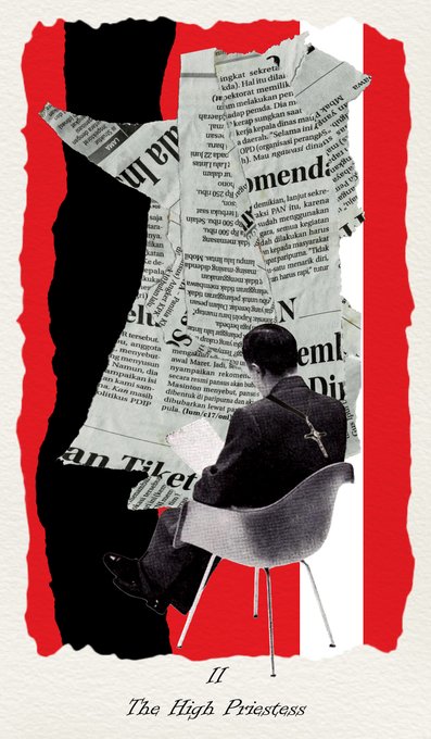 A tarot card-style collage titled 'II. The High Priestess' shows a seated figure viewed from behind, with a large newspaper clipping forming a dramatic backdrop in red, black, and white.