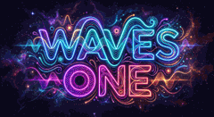 Vibrant neon text reading "WAVES ONE" glows in pink and blue against a dark, cosmic background filled with swirling colorful waves, perfectly capturing the funky, trippy clubland vibe referenced in the post's mint announcement.