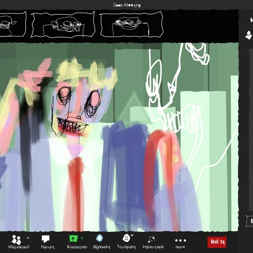 A digital painting interface (Zoom Meeting) showing an abstract, expressionistic portrait in progress, featuring a figure with distorted facial features, vibrant yellow hair, and a blue suit, with a menu bar displaying tools like Whiteboard, Reweight, Erase/Weld, Alignment, and Toolpoint.