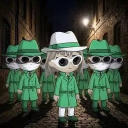 Digital artwork of chibi-style figures dressed in green trench coats, white fedoras, and round goggles, with the central figure appearing as a blonde anime character standing in a dim alleyway.