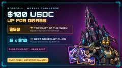 A promotional graphic offering up to $100 USDC for grabs, highlighting a $50 'TOP PILOT OF THE WEEK' reward and a $10 'BEST GAMEPLAY CLIPS' reward in a futuristic space-themed design.