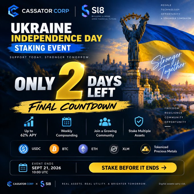 This promotional image for the Ukraine Independence Day Staking Event features a Ukrainian angel statue with the blue and yellow flag, announcing "ONLY 2 DAYS LEFT" until the event ends on September 21, 2026 at 10:00 UTC. The Cassator Corp and Sl8 collaboration highlights up to 62% APY, weekly compounding, and stakeable assets including USDC, BTC, ETH, XLM, and tokenized precious metals, reinforcing the post's message about community, real-world utility, and the final countdown to participate.