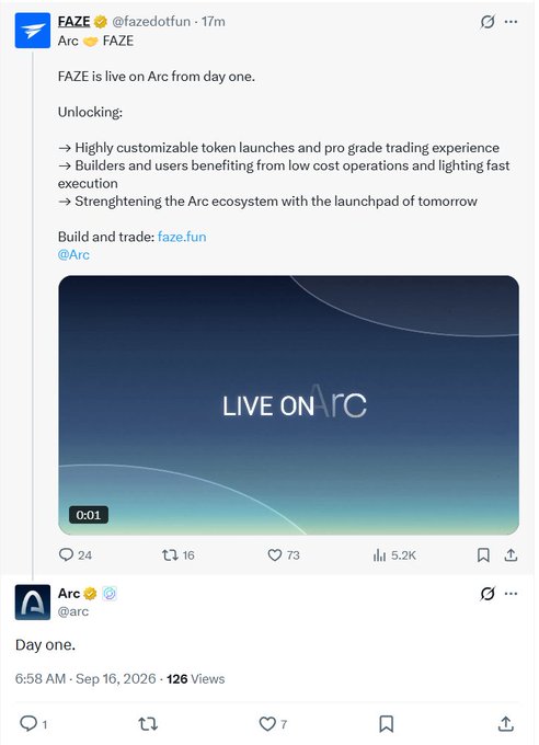 A Twitter/X thread shows FAZE announcing 'FAZE is live on Arc from day one' with a 'LIVE ON Arc' video thumbnail, followed by Arc's reply 'Day one.'