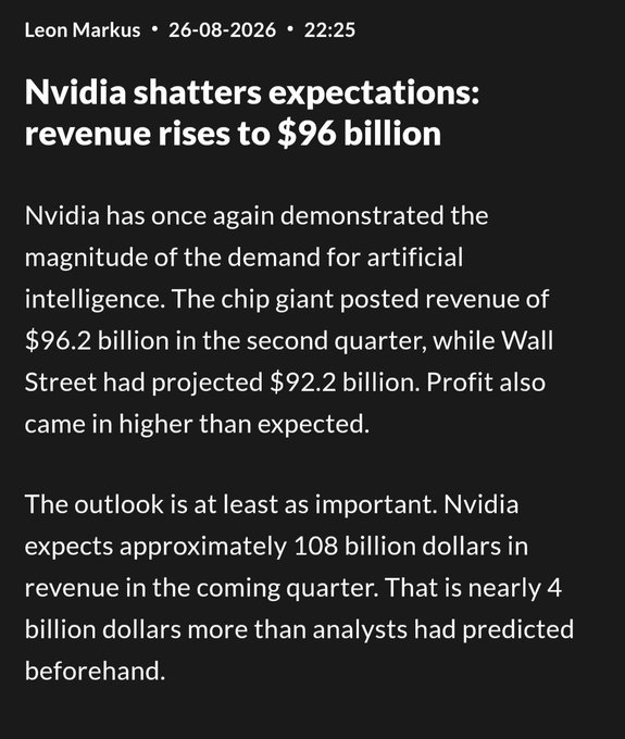 A news article headline from Leon Markus dated 26-08-2026 reports that Nvidia posted Q2 revenue of $96.2 billion, beating Wall Street's $92.2 billion estimate, and forecast ~$108 billion for the next quarter—roughly $4 billion above analyst expectations, reinforcing the accompanying bullish post on AI and $FET.
