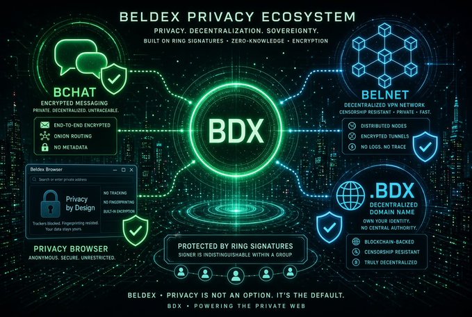 Infographic for the 'BELDEX PRIVACY ECOSYSTEM' centered around 'BDX', highlighting 'PRIVACY. DECENTRALIZATION. SOVEREIGNTY.' and detailing products like 'BCHAT' encrypted messaging, 'BELNET' VPN, '.BDX' domain names, and a privacy browser.