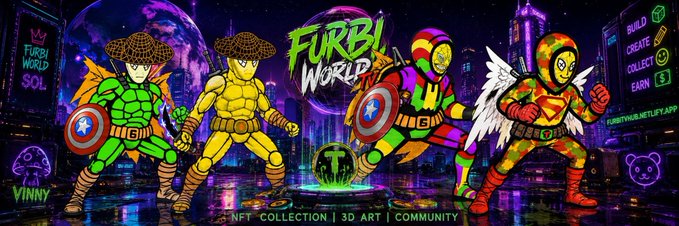 A colorful promotional banner for 'FURBI WORLD' NFT collection featuring 3D cartoon superhero-style characters, with text indicating 'BUILD, CREATE, COLLECT, EARN' and 'FURBIWORLD.NETLIFY.APP'.