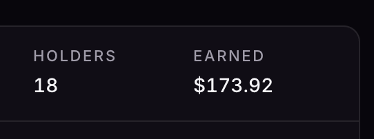 A dark interface panel displaying 'HOLDERS 18' and 'EARNED $173.92'.
