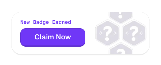 A notification banner displays "New Badge Earned" with a purple "Claim Now" button alongside hexagonal badge icons featuring question marks. The graphic illustrates the in-platform reward available to participants of The Predict Cup, prompting users to claim their exclusive badge via their Portfolio page.