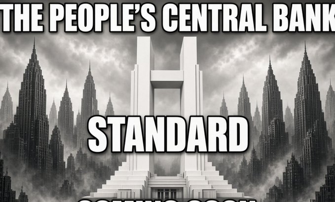 A dramatic black and white image shows a large 'H' structure in a cityscape with the text 'THE PEOPLE'S CENTRAL BANK' at the top and 'STANDARD' overlaid in the center.