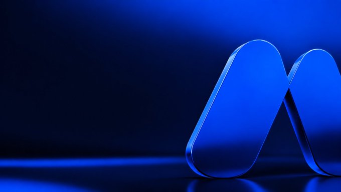 A minimalist 3D rendering of a blue metallic 'M' shape against a dark blue gradient background.