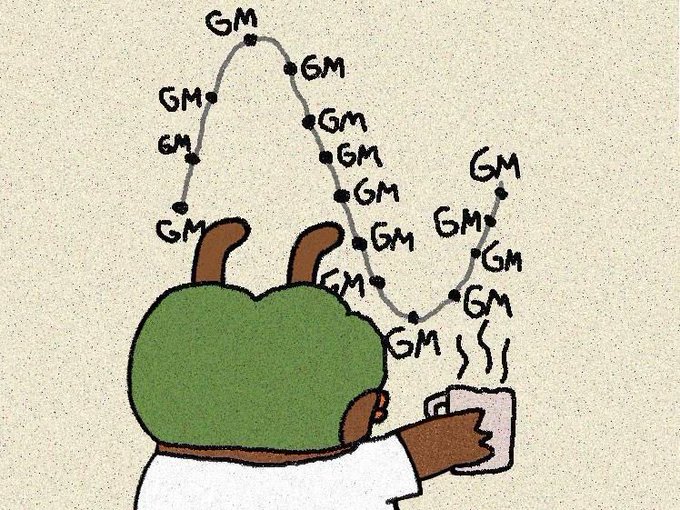 A hand-drawn cartoon shows a green, round-headed character holding a steaming mug, with 'GM' written repeatedly along steam-like trails rising into the air.