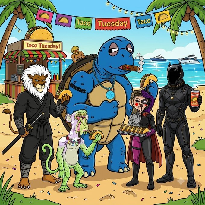 A colorful cartoon illustration of various pop culture and meme characters—including a lion samurai, a turtle smoking a cigar with a 'WAGMIZ' tattoo, a green goblin-like creature, a Harley Quinn-styled character, and Black Panther—gathered at a beachside 'Taco Tuesday' stand.