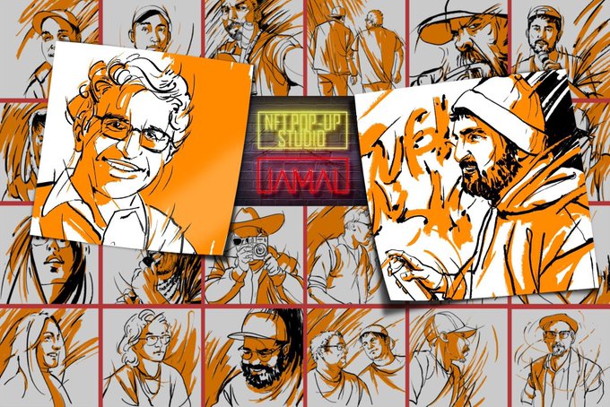 An orange and white illustrated collage of various portraits with a central logo reading 'NFT POP-UP STUDIO JAMAD'.