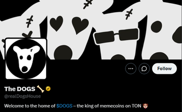 A Twitter/X profile page for 'The DOGS' (@realDogsHouse), styled in black and white with a dog logo, captioned 'Welcome to the home of $DOGS – the king of memecoins on TON'.