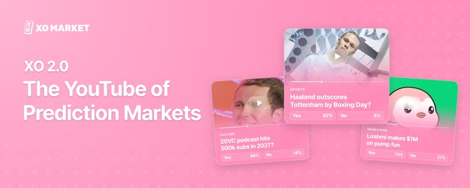 A pink promotional graphic for 'XO MARKET' advertising itself as 'The YouTube of Prediction Markets' with example prediction cards shown.