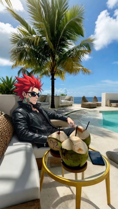 The image features a man sitting on a white couch with two coconuts next to him. The man has red hair and is wearing sunglasses. There is also a cell phone placed near his right hand, possibly for capturing memories or communicating with others. The scene takes place in front of an outdoor pool area, which adds to the relaxed atmosphere. The image seems to be related to a post about sleep, as it includes the man sitting on the couch and two coconuts, suggesting that he might have been contemplating the importance of sleep while enjoying his time at the poolside.