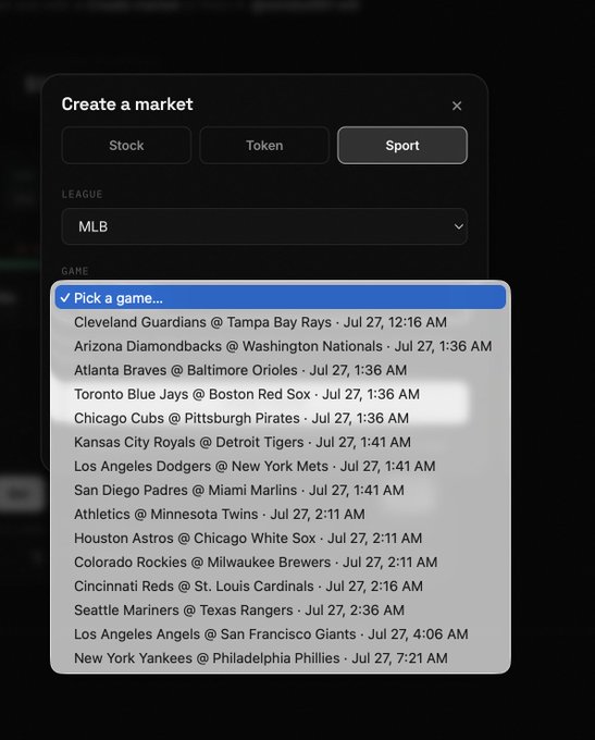 A "Create a market" interface is shown with Sport and MLB tabs selected, displaying a dropdown list of upcoming MLB games (all dated Jul 27) for users to choose from when creating a new prediction market, illustrating the creator-side experience referenced in the post about market creation incentives.