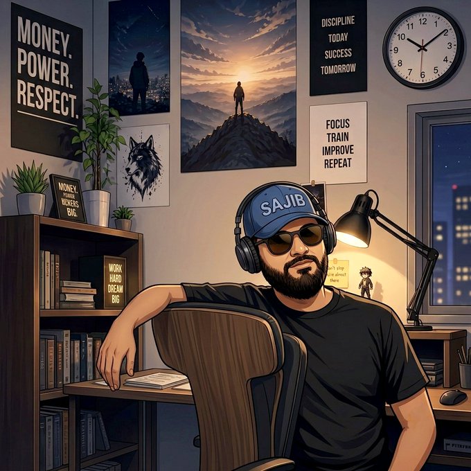 A digital illustration of a bearded man wearing sunglasses, headphones, and a 'SAJIB' cap, sitting in a chair in a room decorated with motivational posters including 'MONEY. POWER. RESPECT.', 'DISCIPLINE TODAY SUCCESS TOMORROW', and 'FOCUS TRAIN IMPROVE REPEAT'.