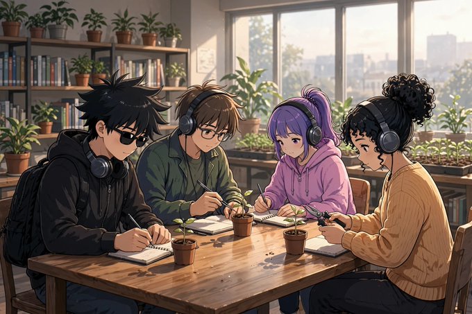 An anime-style illustration showing four characters with headphones sitting around a wooden table in a sunlit space filled with plants and bookshelves, engaged in writing and drawing.