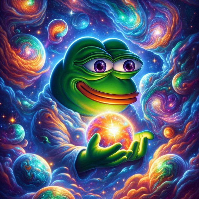 A vibrant, psychedelic digital artwork of Pepe the Frog smiling and holding a glowing, multicolored orb in a cosmic galaxy background.