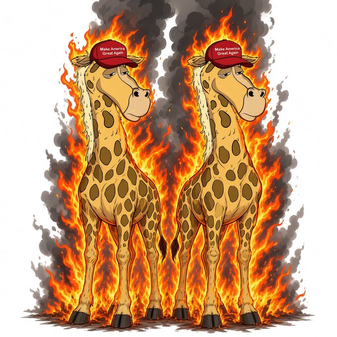 Two giraffes wearing red "Make America Great Again" hats stand side-by-side engulfed in flames and billowing black smoke, humorously illustrating the "burn season" referenced in the post about Giraffe Tower NFT and Gary.club.
