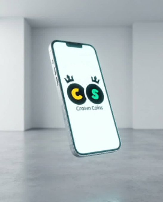A smartphone displaying a logo with the letters 'CS' topped with crowns and the text 'Crown Coins' on its screen.