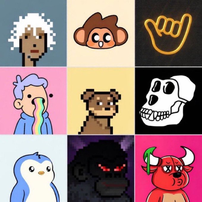 This grid showcases various pixelated NFT avatars, including a punk-like figure, a monkey, a shaka hand, a person with rainbow vomit, a dog, an ape skull, a penguin, a shadowy gorilla, and a bull. These images directly relate to the post's theme of exploring different NFT projects.