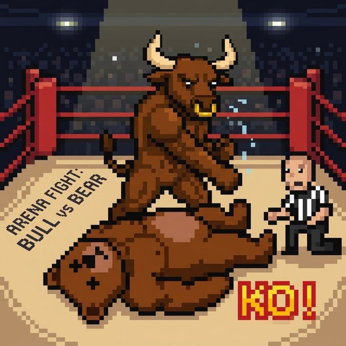 Pixel art scene of a wrestling match titled 'ARENA FIGHT: BULL vs BEAR,' showing a brown bull standing victorious over a defeated bear on the mat, with a referee nearby and the text 'KO!' displayed.