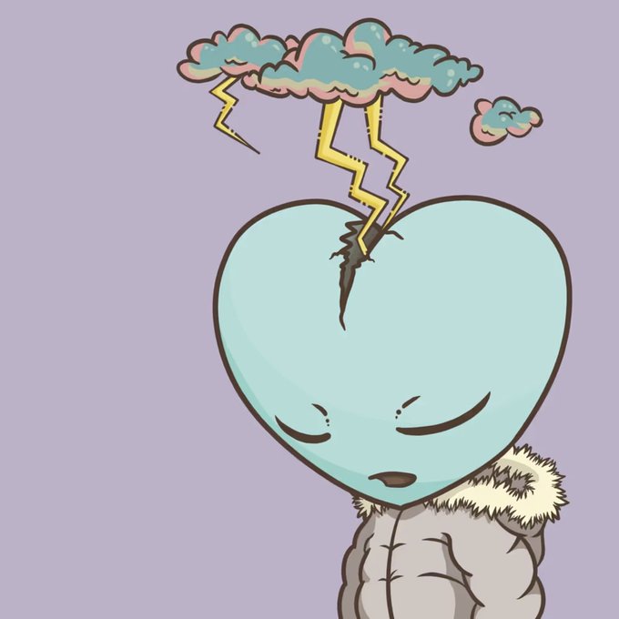 A cartoon blue heart character with closed eyes wears a fur-trimmed parka while a stormy cloud with lightning bolts strikes directly into a crack on its head. The image visually represents the post's theme of weathering hardship, with the heart enduring the storm as the author describes appreciating the storm headwear trait for capturing that feeling of struggle.