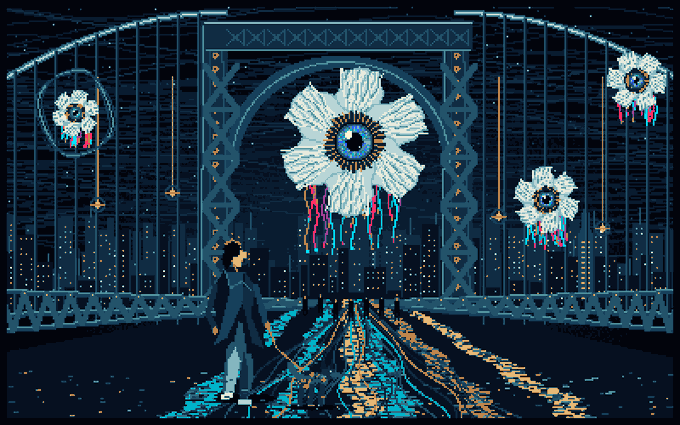 A pixel art scene of a person standing under a bridge at night, with giant dreamcatcher-like flowers hanging and a city skyline in the background.