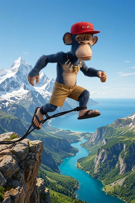 A 3D-rendered chimpanzee wearing a red "MAGIC" cap, necklace, and tan shorts, walking on a tightrope stretched between rocky cliffs with mountains and a blue lake in the background.