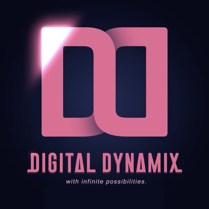 A logo graphic featuring pink 3D letters 'DD' with the text 'DIGITAL DYNAMIX' and tagline 'with infinite possibilities.' on a dark background.