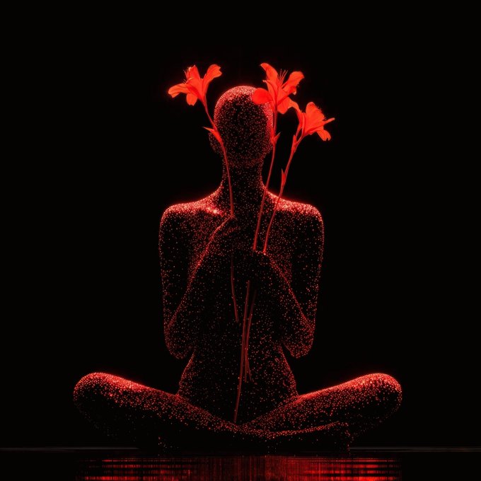The image features a person sitting cross-legged with their legs crossed, holding flowers in each hand. The person's body is made of red particles or crystals, giving them an ethereal appearance. The background is black, which contrasts with the vibrant colors of the person and the flowers they are holding. The post that includes this image has been tagged with the hashtag #Aqueous_WC and @Thom4227, indicating that it was shared by users who have a connection to these individuals or their work.