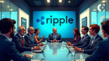 Corporate meeting room scene with multiple businesspeople seated around a long conference table, with a blue screen displaying the 'ripple' logo on the wall behind them.
