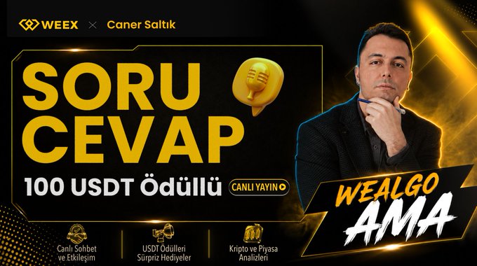 A promotional banner featuring a man in a suit, advertising a "SORU CEVAP" livestream with a "100 USDT Ödülü" reward, branded with "WEX x Caner Saltık" and "WEALGO AMA".