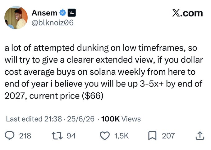A tweet from Ansem (@blknoiz06) posted on X.com predicts that dollar-cost averaging weekly buys on Solana ($SOL) from its current price of $66 through year-end will yield 3-5x+ gains by the end of 2027, reinforcing the post's bullish DCA thesis for SOL.