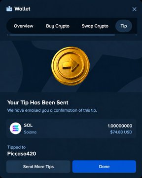 A mobile screenshot of a Trust Wallet app displays a 'Tip Sent' confirmation for 1.00000000 SOL ($74.83 USD) sent to the user 'Picasso420', featuring a golden coin icon.