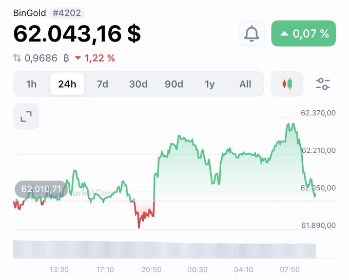 A financial chart showing the 24-hour price movement of BinGold (#4202) at $62,043.16, with a 0.07% gain and 1.22% rise in B currency.